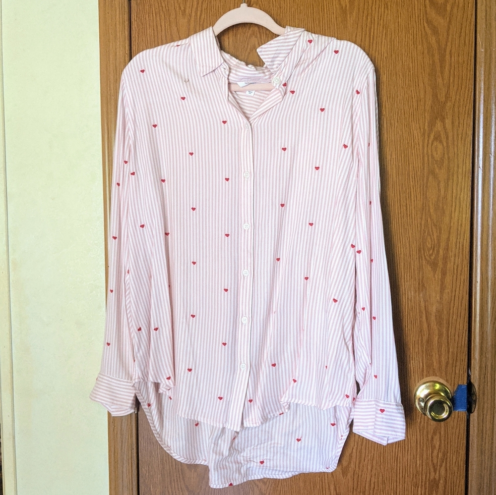 Pink Striped Button Up Shirt with Hearts